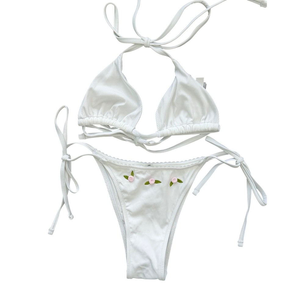 PINK by Frankies Bikinis White Ribbed Rose Embroidered Bikini Set XL NWT
